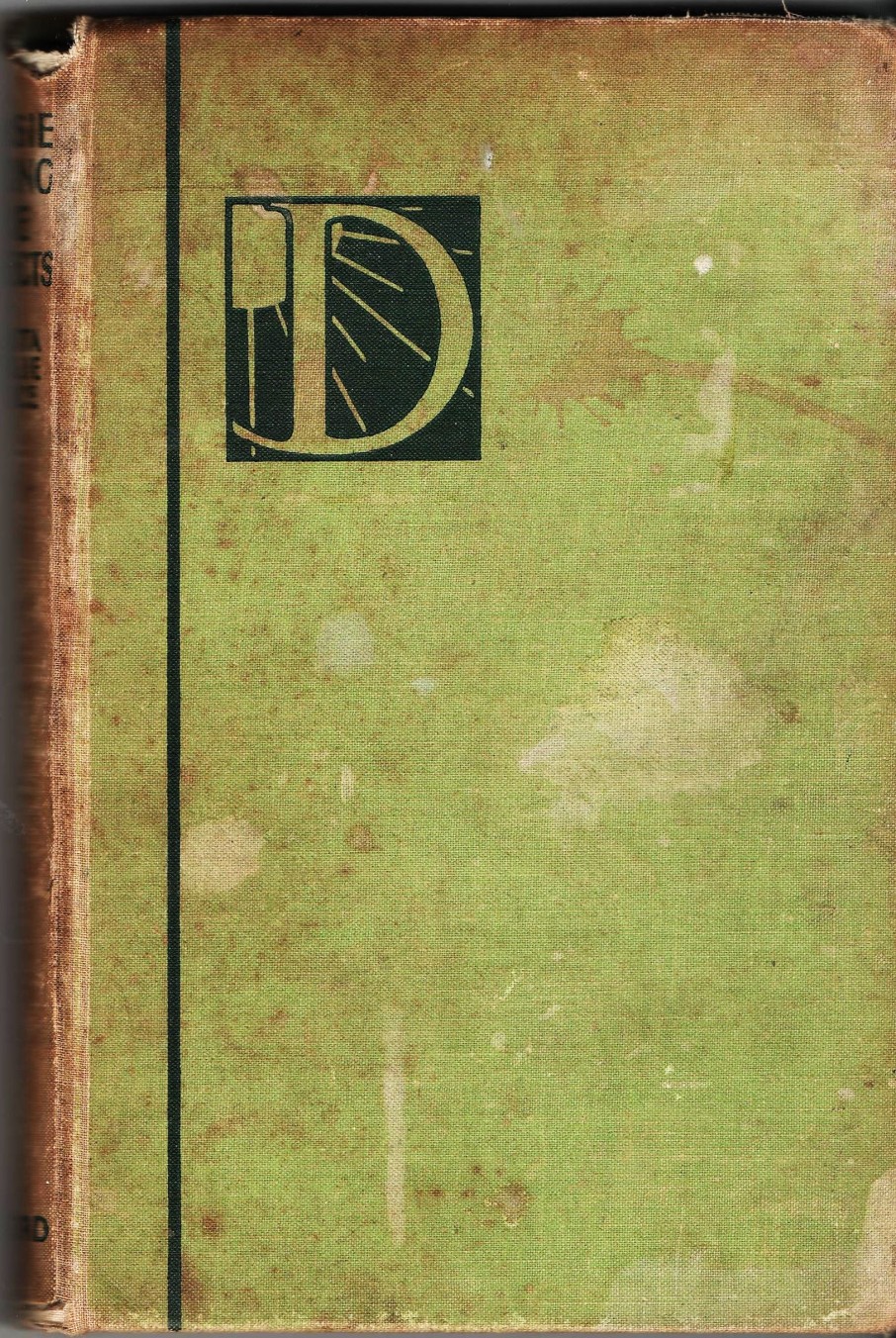 Cover of Dimsie Among the Prefects; faded green cloth with a letter D as decoration
