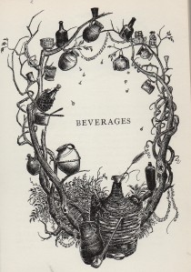 Black and white title page illustration for the chapter on beverages, showing entwined branches with culinary equipment hanging off them.