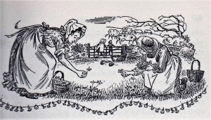 Black and white illustration of the author's mother and the maid picking cowslips, with the children in the background